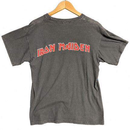 OutOf10 vintage black Iron Maiden band t-shirt with red logo on the back, hanging on a wooden hanger.