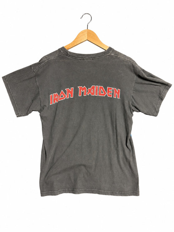 OutOf10 vintage black Iron Maiden band t-shirt with red logo on the back, hanging on a wooden hanger.