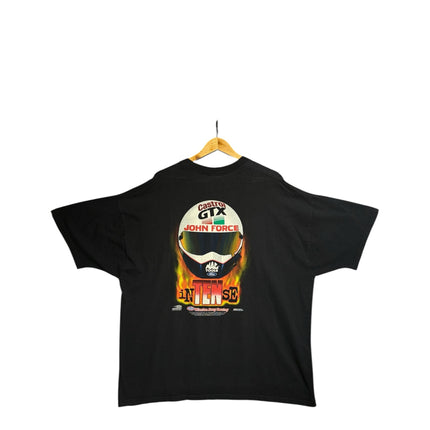 OutOf10 black vintage John Force racing t-shirt featuring a back graphic of a racing helmet and Intense branding