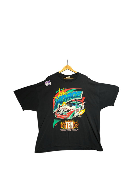 OutOf10 vintage black John Force Racing graphic t-shirt featuring a Castrol GTX race car print on soft cotton