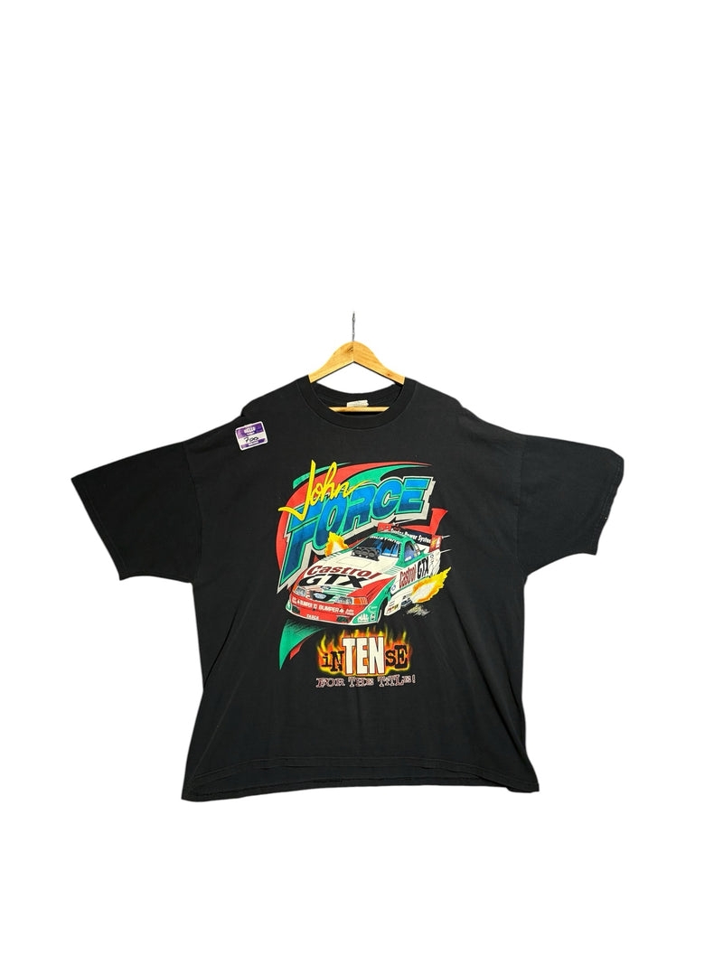 OutOf10 vintage black John Force Racing graphic t-shirt featuring a Castrol GTX race car print on soft cotton