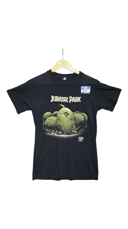 OutOf10 vintage black Jurassic Park crewneck t-shirt featuring a green hatching dinosaur egg graphic print