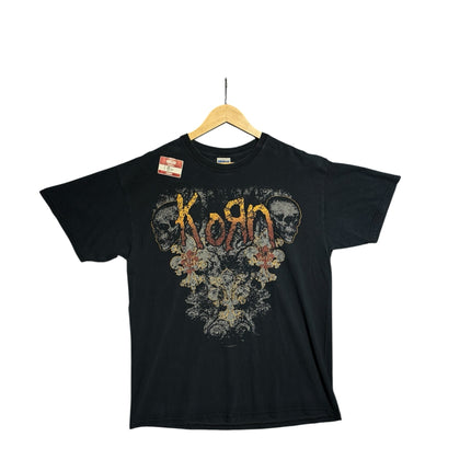 OutOf10 vintage black Korn graphic t-shirt with distressed skull and gothic patterns on soft cotton fabric.