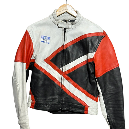 OutOf10 vintage leather motorcycle jacket in white, black, and red with geometric paneling and a mandarin collar.