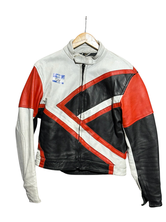 OutOf10 vintage leather motorcycle jacket in white, black, and red with geometric paneling and a mandarin collar.