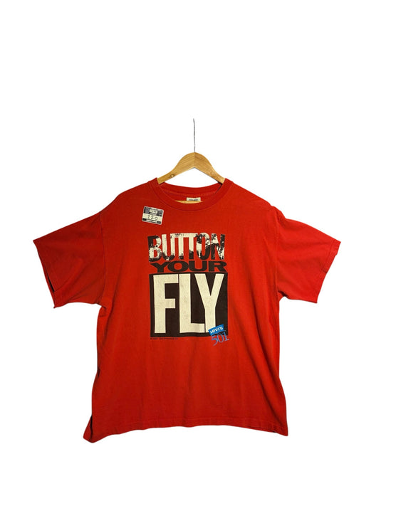 OutOf10 vintage red Levi's 501 crewneck t-shirt with a bold Button Your Fly graphic print on the chest.