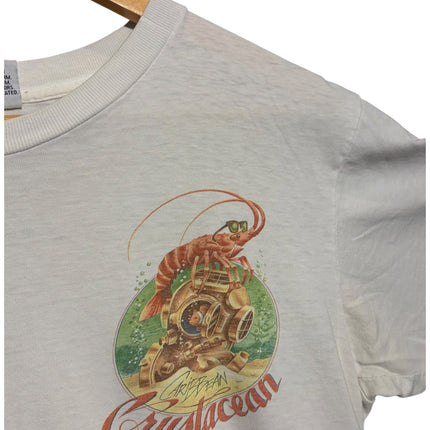 OutOf10 off-white cotton t-shirt featuring a vintage graphic print of a lobster in diving gear on a wooden hanger.