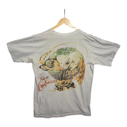 OutOf10 off-white cotton t-shirt featuring a vintage graphic print of a lobster wearing diving gear on the back.