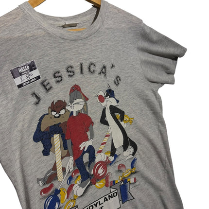 OutOf10 vintage heather grey Looney Tunes Candyland graphic crewneck t-shirt with cartoon characters on a hanger