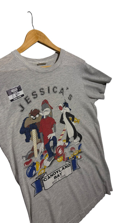 OutOf10 vintage heather grey Looney Tunes Candyland graphic crewneck t-shirt with cartoon characters on a hanger
