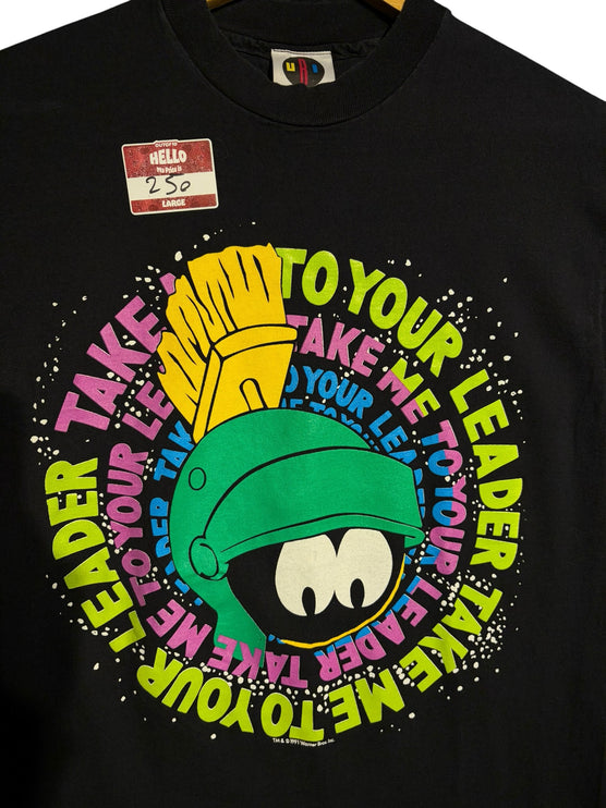 OutOf10 vintage black cotton crewneck t-shirt featuring a vibrant Marvin the Martian graphic and retro 90s text print.