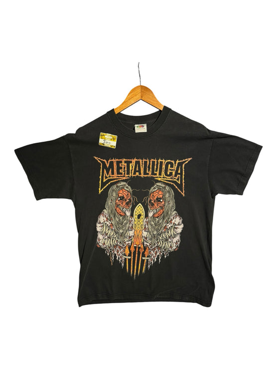 OutOf10 vintage black Metallica World Tour 2003-2004 cotton t-shirt with skeletal graphic print on a wooden hanger.