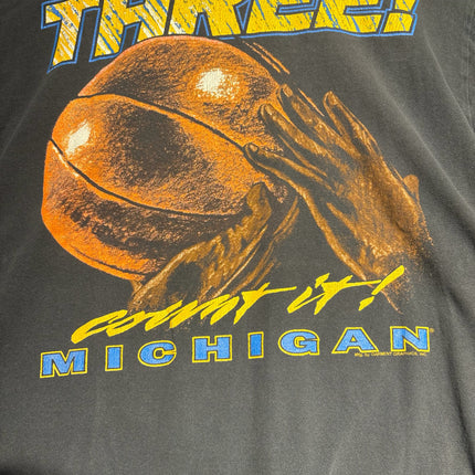 OutOf10 vintage charcoal grey Michigan basketball graphic crewneck t-shirt with Three! count it! screen print