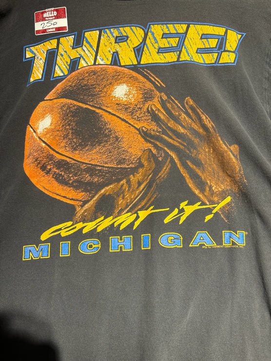 OutOf10 vintage charcoal grey Michigan basketball graphic crewneck t-shirt with Three! count it! screen print