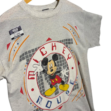 OutOf10 heather grey cotton-blend crewneck t-shirt featuring a vintage Mickey Mouse graphic print on a hanger.