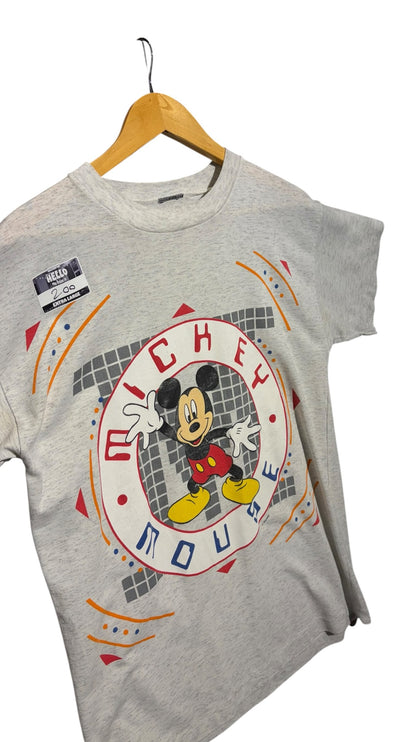 OutOf10 heather grey cotton-blend crewneck t-shirt featuring a vintage Mickey Mouse graphic print on a hanger.