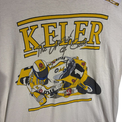 OutOf10 vintage off-white crew neck t-shirt featuring a yellow and black Keler motorcycle racing graphic print