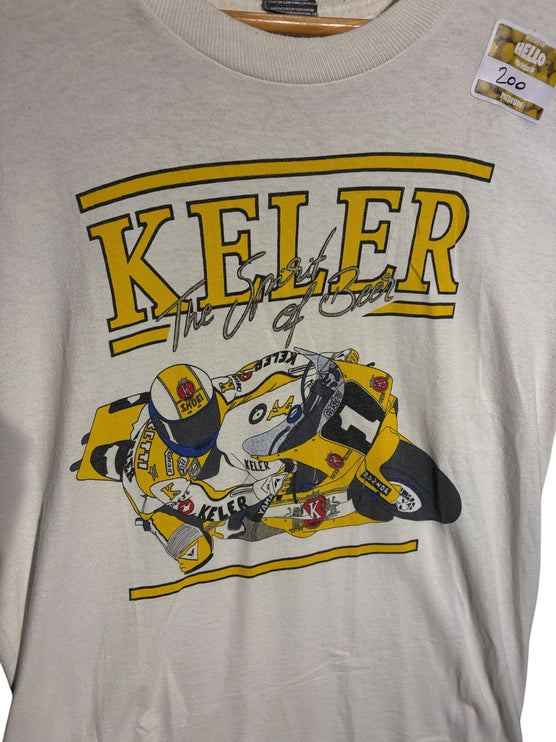 OutOf10 vintage off-white crew neck t-shirt featuring a yellow and black Keler motorcycle racing graphic print