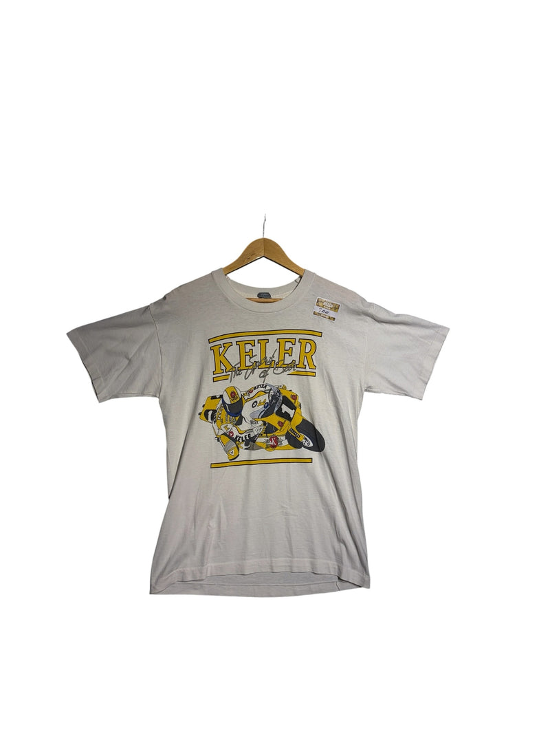OutOf10 vintage off-white crew neck t-shirt featuring a yellow and black Keler motorcycle racing graphic print