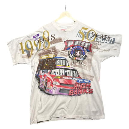 OutOf10 vintage NASCAR 50th anniversary graphic t-shirt in white cotton with racing car print and 1948-1998 timeline