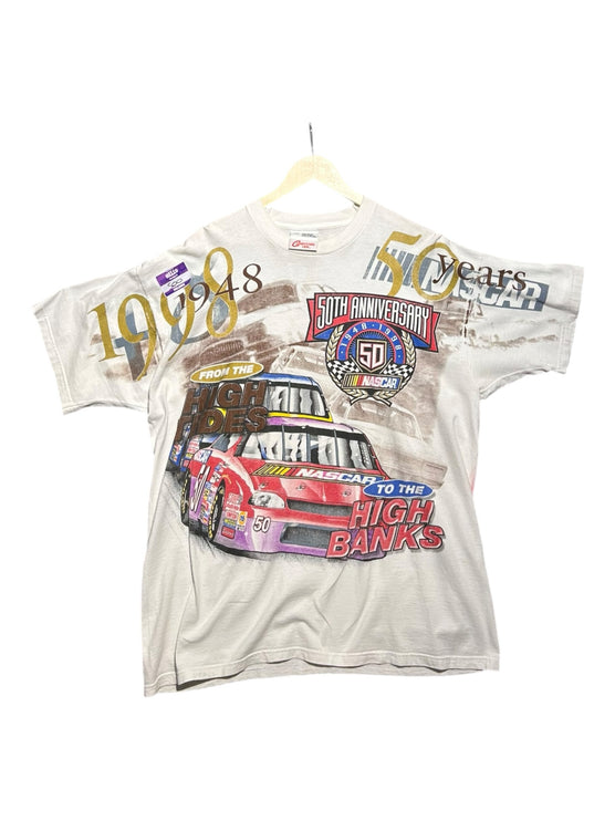 OutOf10 vintage NASCAR 50th anniversary graphic t-shirt in white cotton with racing car print and 1948-1998 timeline