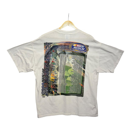 OutOf10 vintage light grey cotton t-shirt featuring a 2003 NASCAR Busch Series race schedule graphic on the back