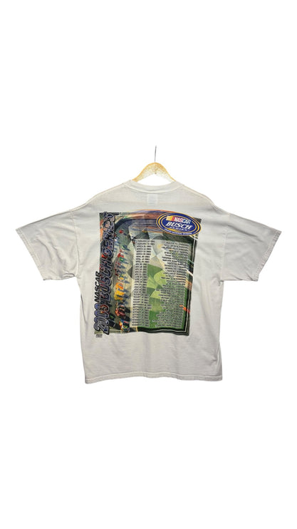 OutOf10 vintage light grey cotton t-shirt featuring a 2003 NASCAR Busch Series race schedule graphic on the back