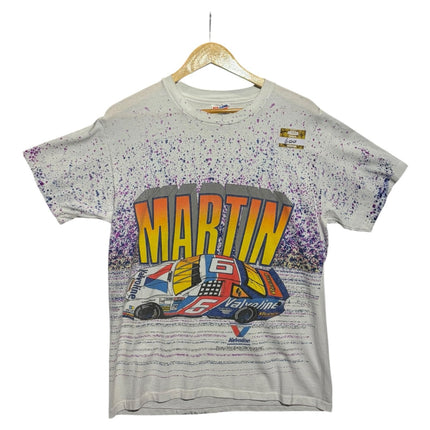 OutOf10 vintage 1994 Mark Martin Valvoline NASCAR t-shirt with purple and grey paint-splatter graphic print on cotton.