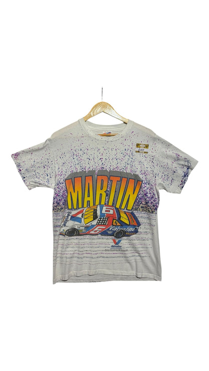 OutOf10 vintage 1994 Mark Martin Valvoline NASCAR t-shirt with purple and grey paint-splatter graphic print on cotton.