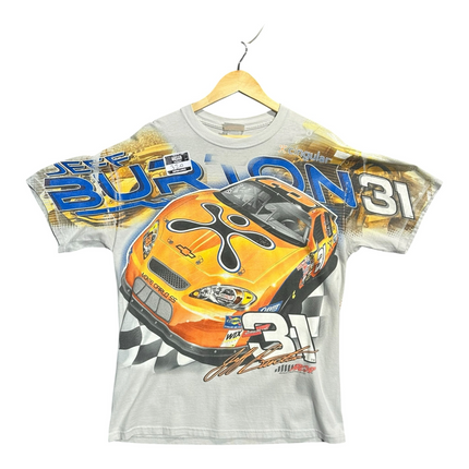 OutOf10 vintage Jeff Burton NASCAR graphic t-shirt in light grey cotton with orange race car print and crew neck