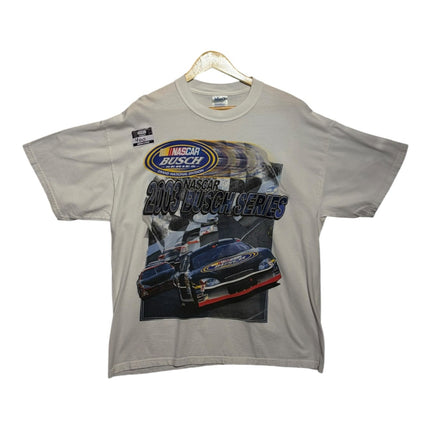 OutOf10 vintage light grey cotton t-shirt featuring a 2003 NASCAR Busch Series racing graphic print on the front.