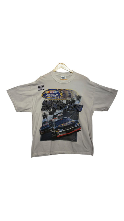 OutOf10 vintage light grey cotton t-shirt featuring a 2003 NASCAR Busch Series racing graphic print on the front.
