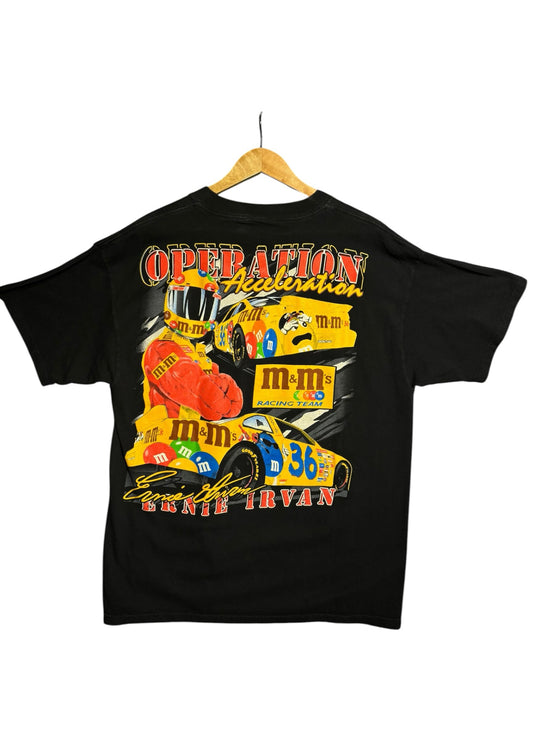 OutOf10 vintage 1999 NASCAR M&M's racing team black cotton t-shirt with vibrant Ernie Irvan graphic print on the back.