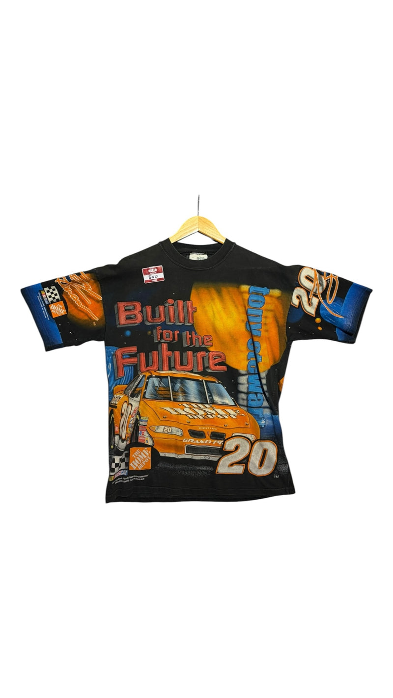 OutOf10 vintage black NASCAR Tony Stewart graphic t-shirt with orange Home Depot Pontiac print and crew neck design.