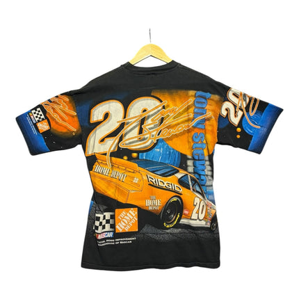 OutOf10 vintage Tony Stewart NASCAR graphic t-shirt featuring a black cotton base with orange and blue racing prints.