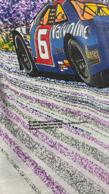 OutOf10 vintage 1994 Mark Martin Valvoline NASCAR graphic t-shirt with purple and grey paint-splatter detail