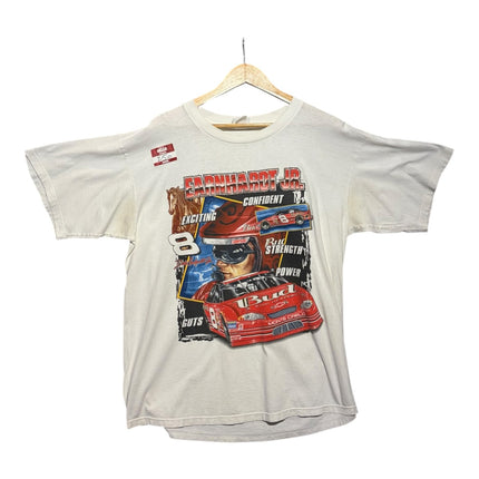 OutOf10 vintage white cotton Dale Earnhardt Jr. NASCAR graphic t-shirt with racing car print and oversized fit.