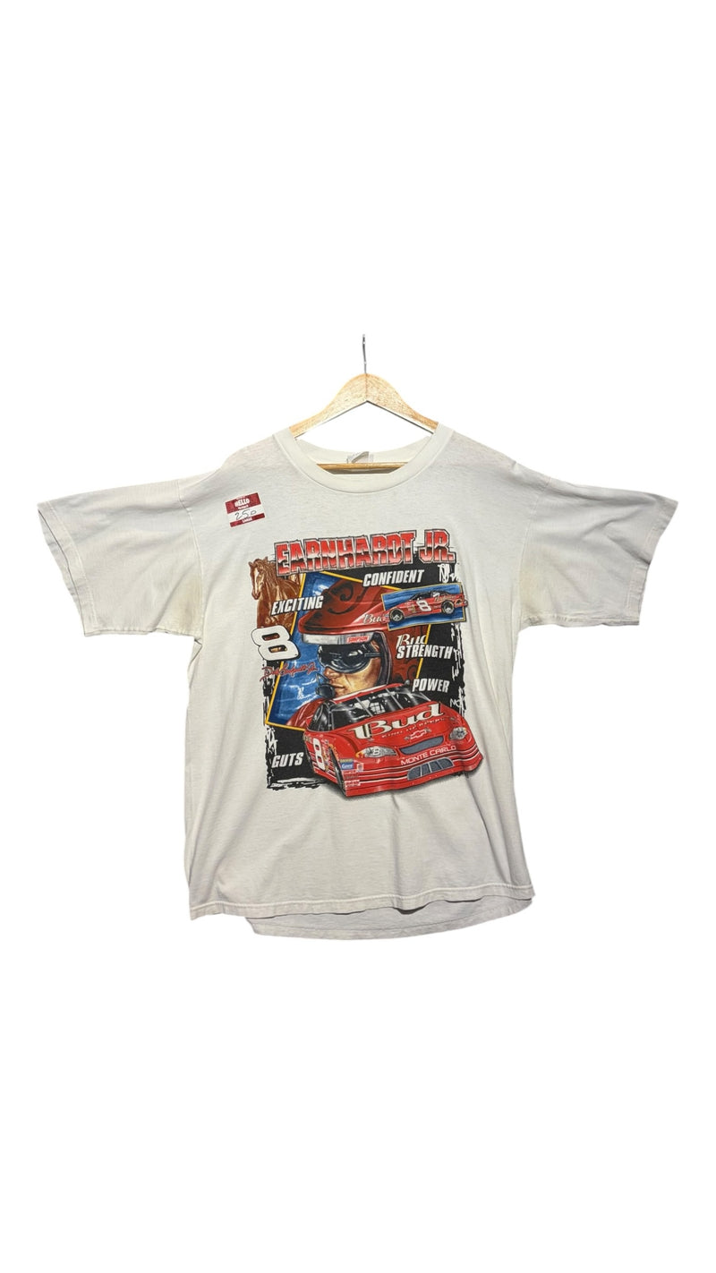 OutOf10 vintage white cotton Dale Earnhardt Jr. NASCAR graphic t-shirt with racing car print and oversized fit.