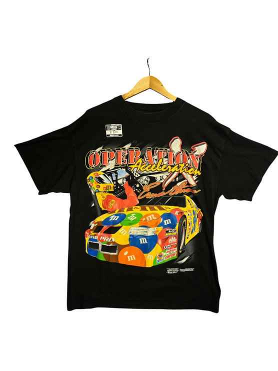 OutOf10 vintage 1999 M&M's NASCAR racing graphic t-shirt in black cotton with vibrant Ernie Irvan race car print.