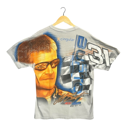 OutOf10 vintage light grey Jeff Burton NASCAR graphic t-shirt with #31 race car print on a wooden hanger