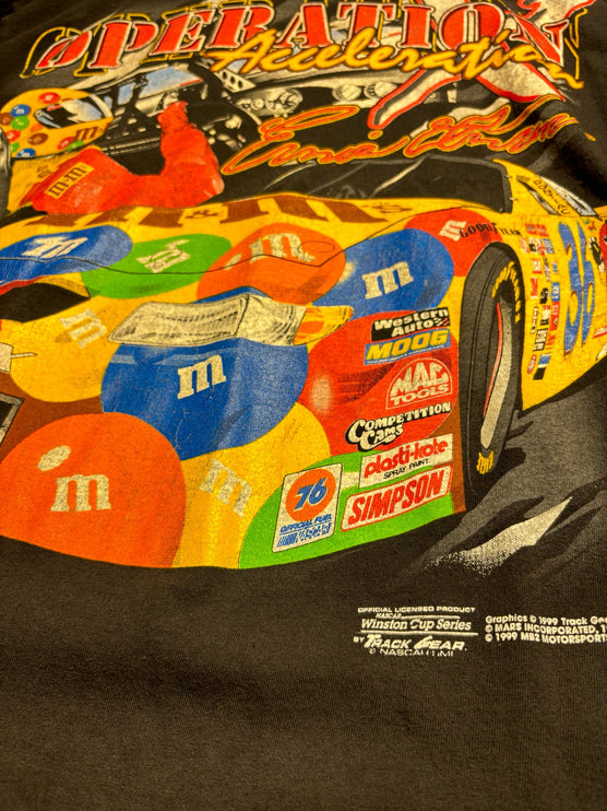 OutOf10 vintage black cotton NASCAR t-shirt featuring a vibrant 1999 Ernie Irvan M&M's racing car graphic print