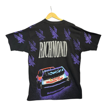 OutOf10 vintage black cotton NASCAR Winston Cup Richmond graphic t-shirt with purple eagle accents on a hanger