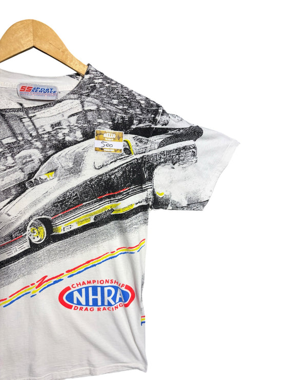 OutOf10 vintage NHRA drag racing graphic t-shirt featuring a black and white dragster print on soft white cotton.