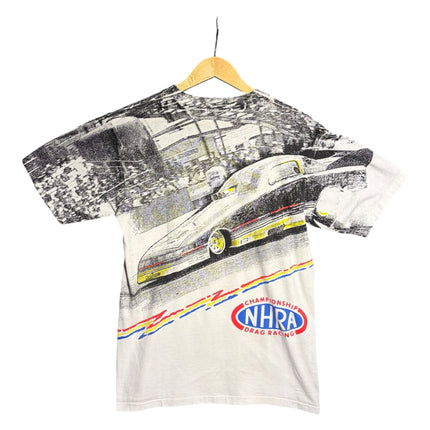 OutOf10 vintage NHRA Drag Racing graphic t-shirt featuring a dragster print, red, yellow, and blue racing stripes.