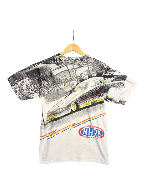 OutOf10 vintage NHRA Drag Racing graphic t-shirt featuring a dragster print, red, yellow, and blue racing stripes.