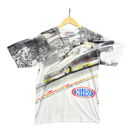 OutOf10 vintage NHRA drag racing graphic t-shirt featuring a dragster print, crew neck, and colourful racing stripes.