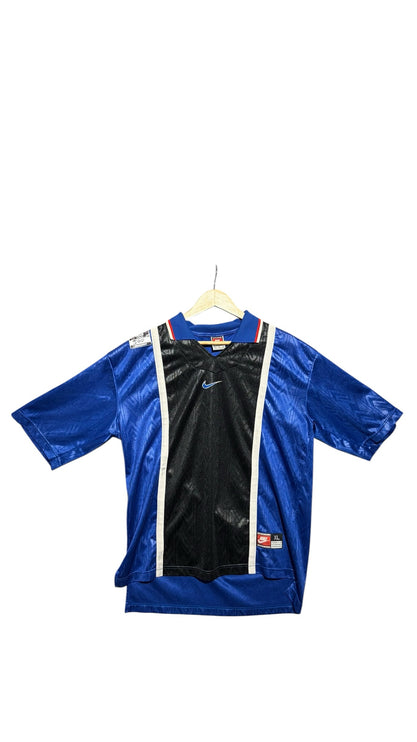 OutOf10 vintage Nike royal blue and black athletic jersey with geometric jacquard pattern and V-neck collar