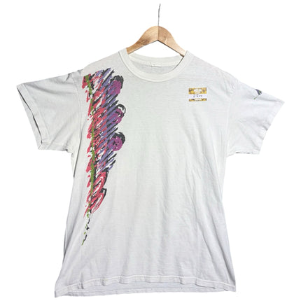 OutOf10 vintage white Nike crew-neck t-shirt with a vertical abstract brushstroke graphic in pink, purple, and green.
