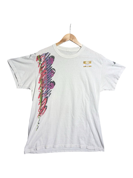 OutOf10 vintage white Nike crew-neck t-shirt with a vertical abstract brushstroke graphic in pink, purple, and green.