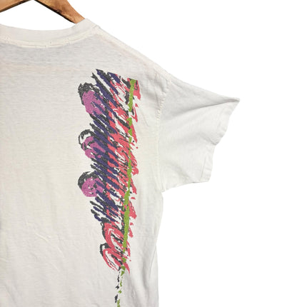 OutOf10 vintage white Nike t-shirt featuring a vertical abstract brushstroke graphic in pink, purple, and green.